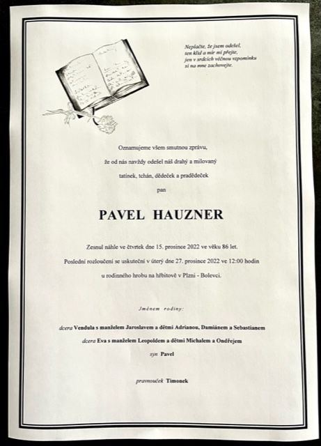 Smuteční oznámení Pavla Hauznera